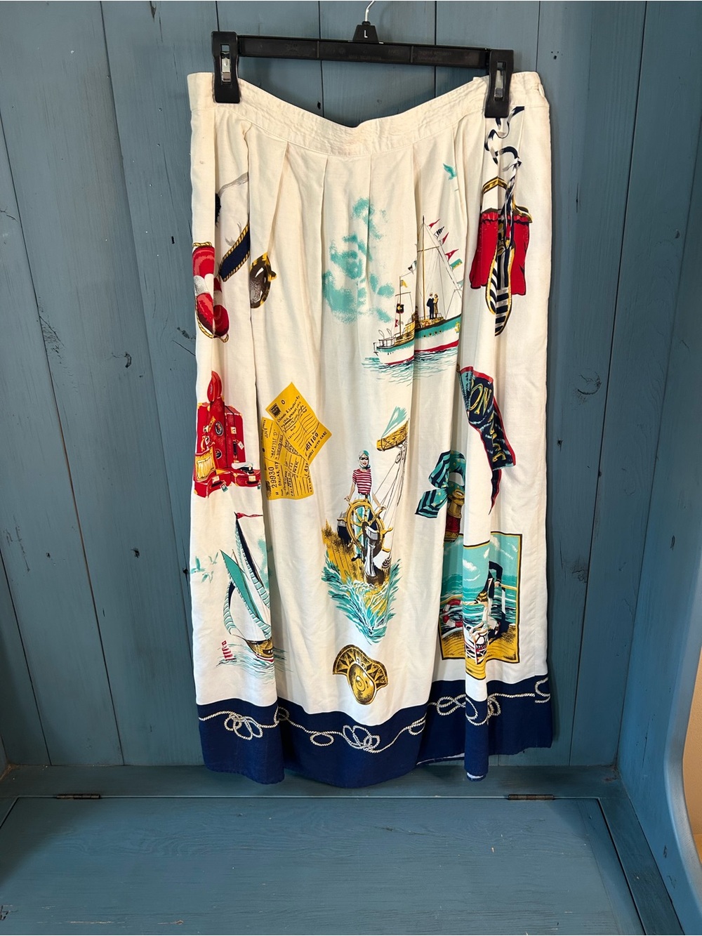 Susan Bristol “Bon Voyage” Nautical Print White Midi Skirt with Navy Hem | Sz 12